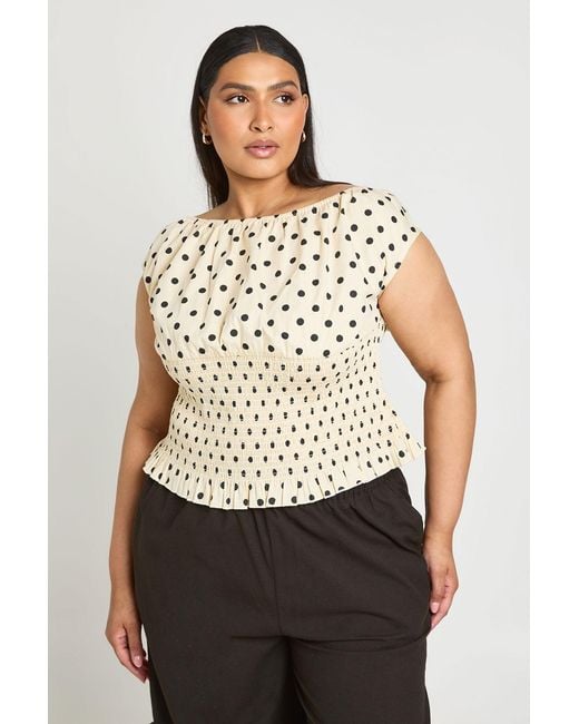 Boohoo Natural Plus Polka Dot Crepe Bardot Top