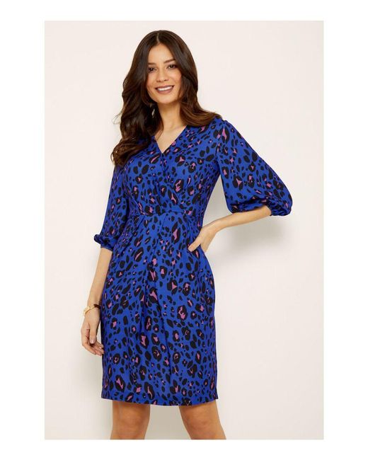 Sosandar Blue Leopard Print Dress With Puff Sleeves