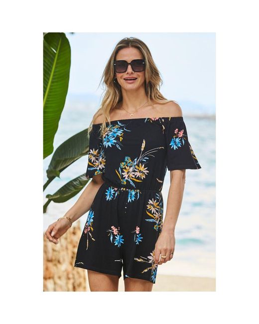 Sosandar Blue Floral Print Bardot Jersey Playsuit