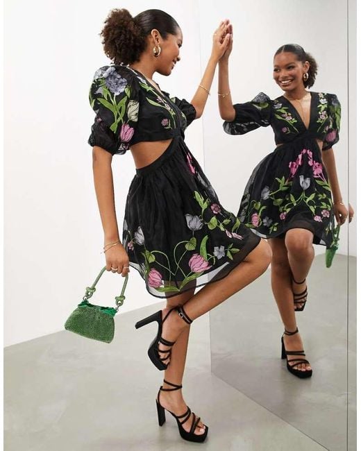 Organza Asos Black Floral Embroidered Dress ASOS LUXE Curve Oversized  Organza Mini Smock Dress With Floral
