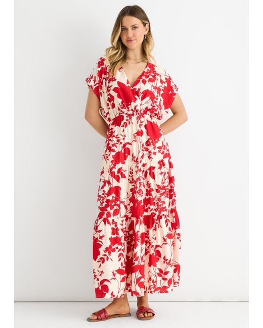 Gini London Red Floral Elastic Waist Maxi Dress