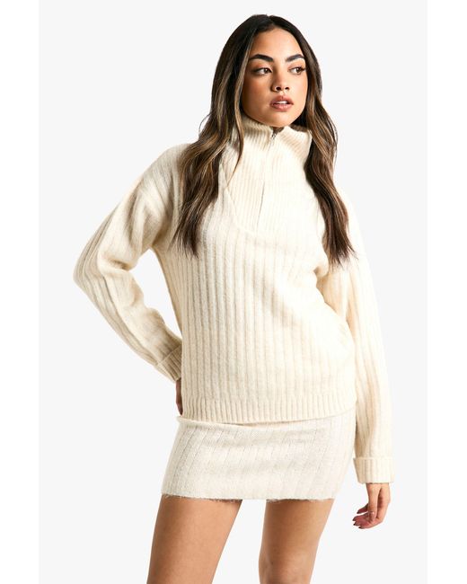 Boohoo Natural Soft Knit Thick Rib Zip Neck Oversized Sweater And Mini Skirt Set