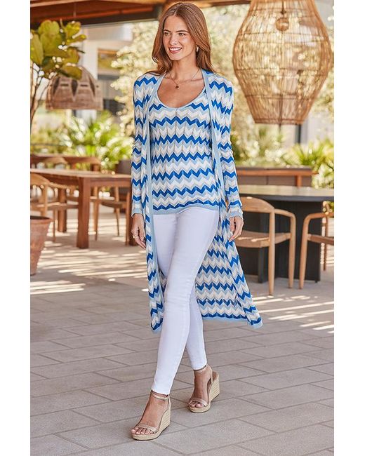 Sosandar Blue Metallic Chevron Print Longline Cardigan