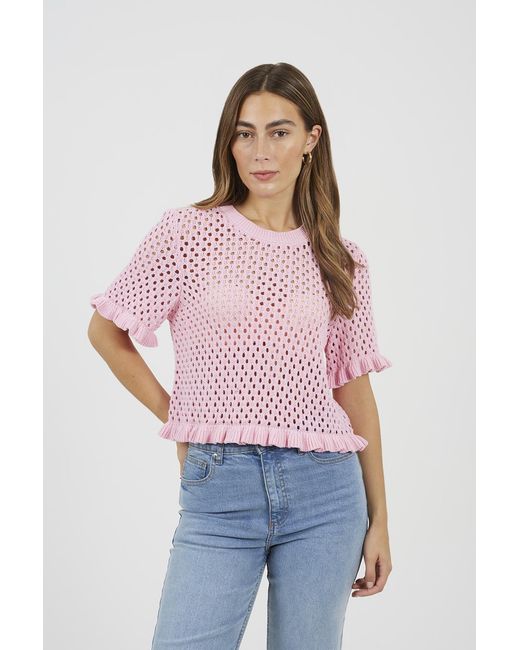 Brave Soul Pink Open Knit T Shirt With Frill Hem