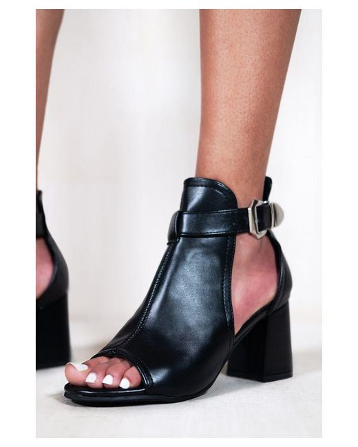 Where's That From Black Lisa Block Heel With Side Buckle And Open Toe Front