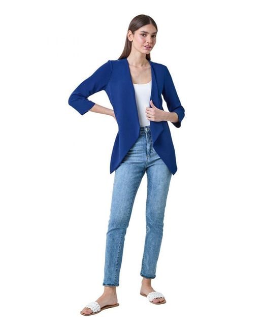 Roman Blue 3/4 Sleeve Lace Back Waterfall Jacket