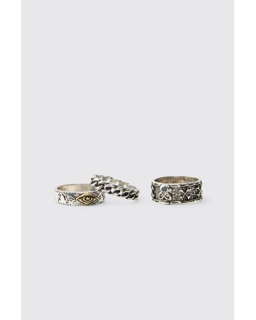 BoohooMAN Metallic 3 Pack Gothic Rings Zinc for men