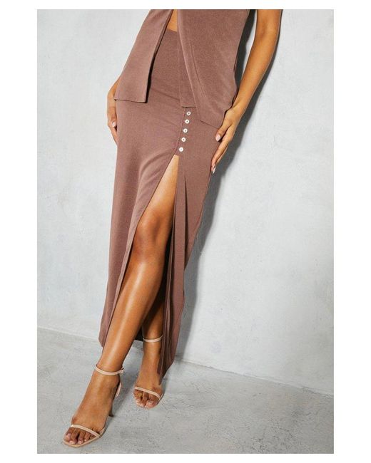 MissPap Brown Button Up Detail Split Maxi Skirt
