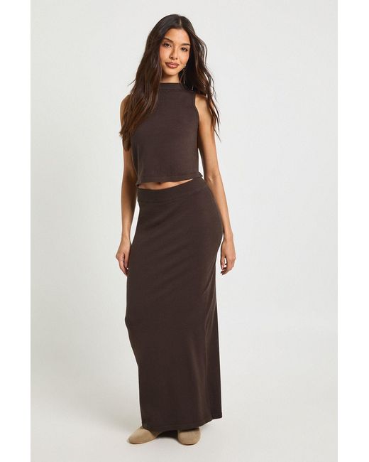 Boohoo Brown Rib Knit High Neck Top And Maxi Skirt Co-Ord