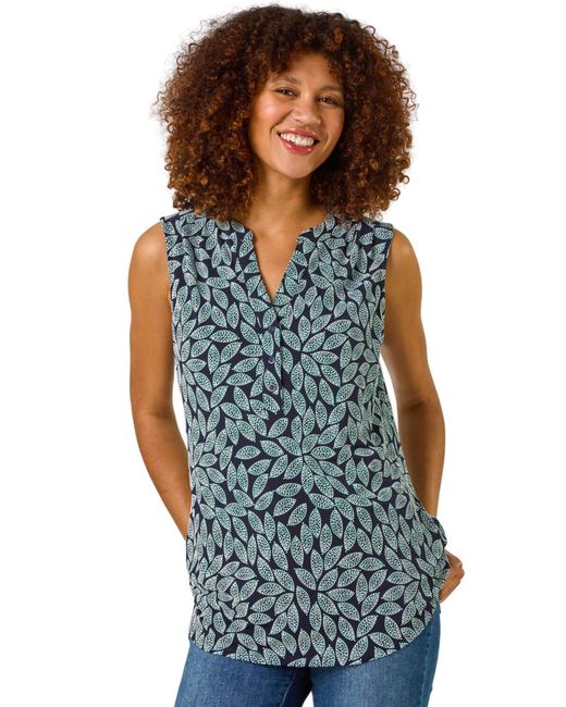 Roman Blue Leaf Puff Print Stretch Top