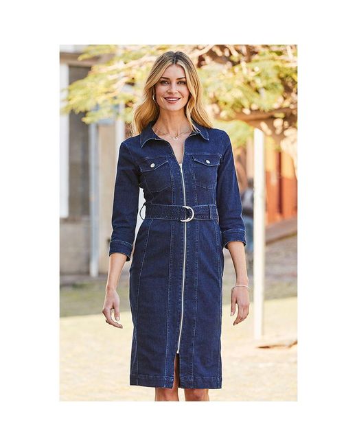 Sosandar Blue Dark Zip Front Belted Denim Dress
