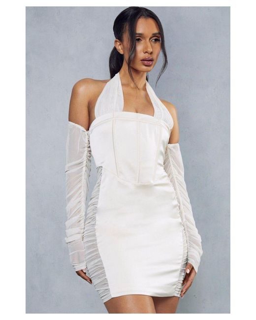 MissPap White Premium Satin Corseted Mesh Insert Halterneck Dress