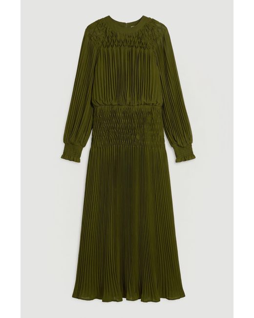 Karen Millen Green Placement Pleated Balloon Sleeve Maxi Dress