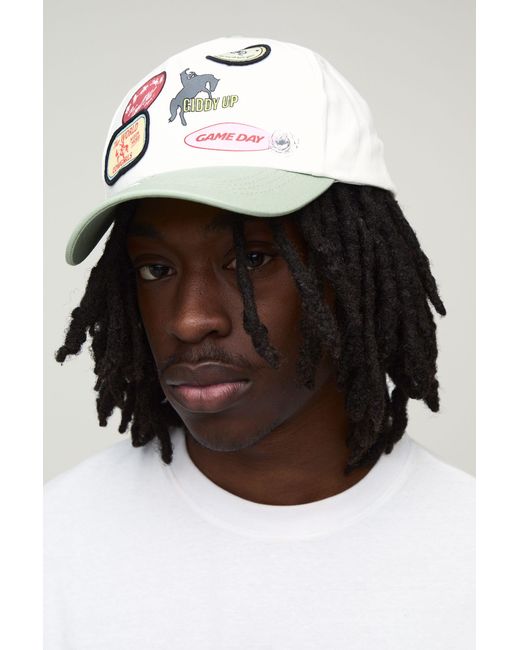 BoohooMAN Black Printed Cap With Applique Patches & Contrast Visor for men