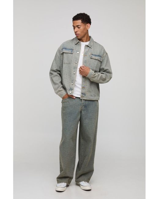 BoohooMAN Blue Oversized Boxy Monogram Washed Jean Jacket for men