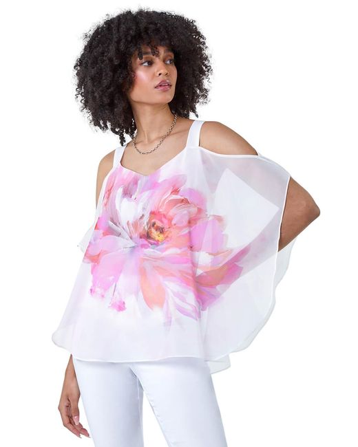 Roman White Floral Print Cold Shoulder Overlay Top