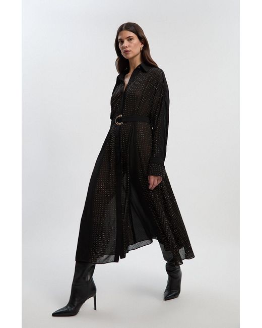 Karen Millen Black Hotfix Studded Long Sleeve Shirt Woven Maxi Dress