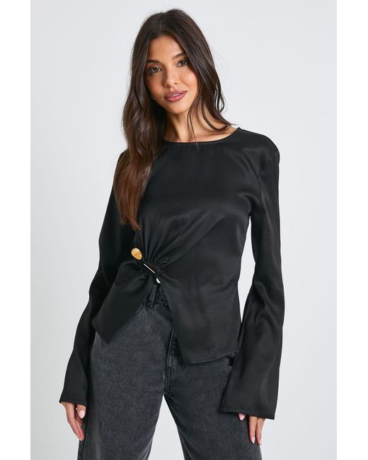 Boohoo Black Flare Sleeve Trim Detail Blouse