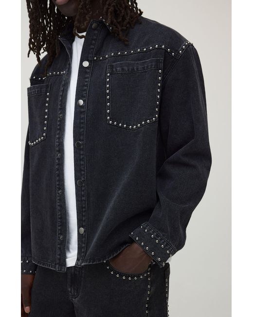 BoohooMAN Black Studded Denim Overshirt for men
