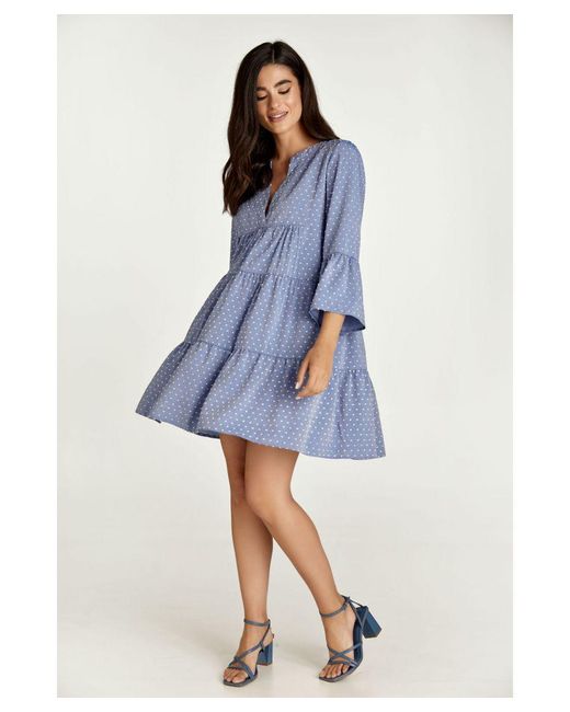 Conquista Blue Denim Style Embroidered A Line Dress