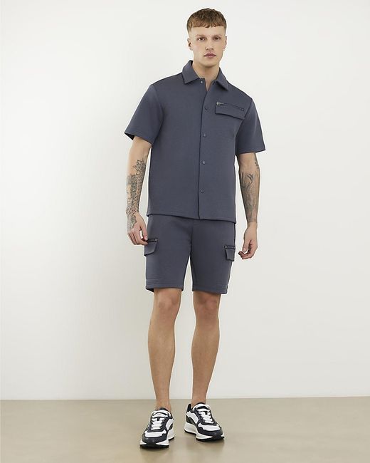 River Island Blue Shirt Premium Regular Fit Nylon Short Sleeve for men