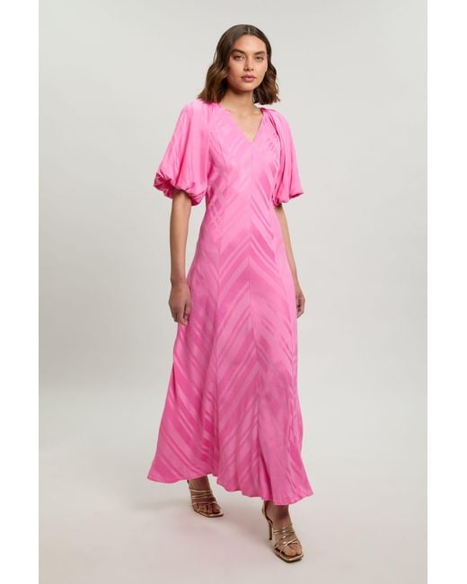 Karen Millen Pink Stripe Fabric Detail Fluid Short Sleeve Midi Dress