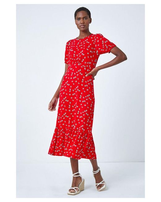 Roman Ditsy Floral Print Midi Dress in Red Lyst UK