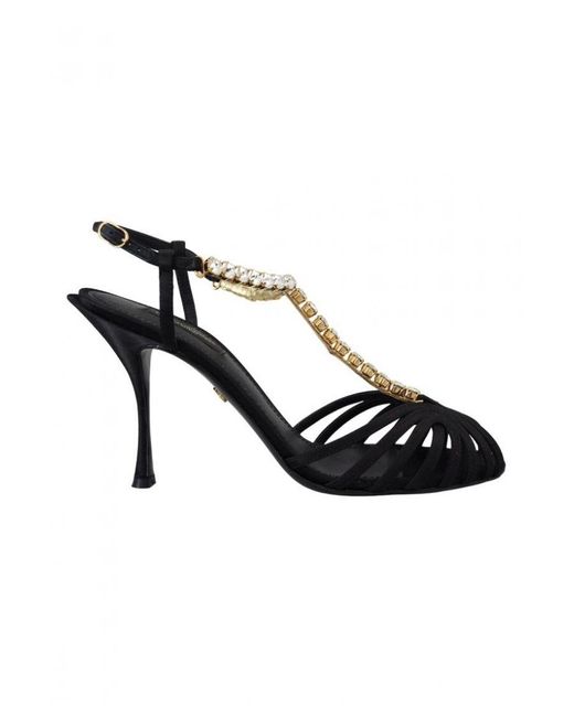 Dolce & Gabbana Black Satin Clear Crystal T-strap Sandal Shoes Silk