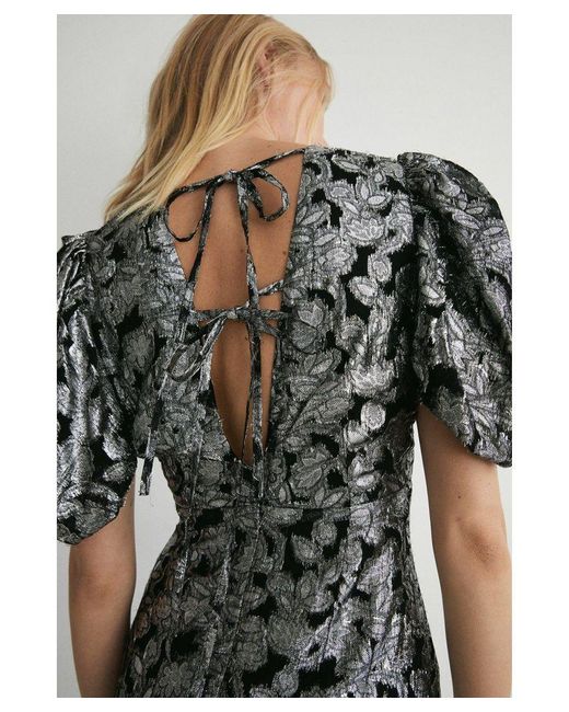 Warehouse Black Sparkle Jacquard V Neck Midi Dress