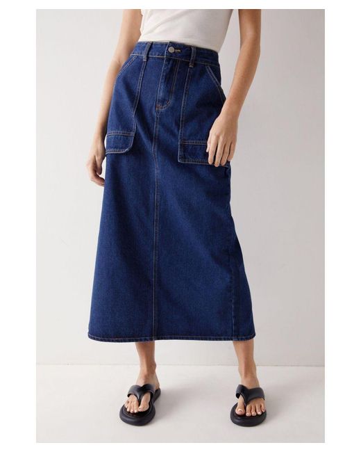 Warehouse Blue Denim Cargo Midi Skirt