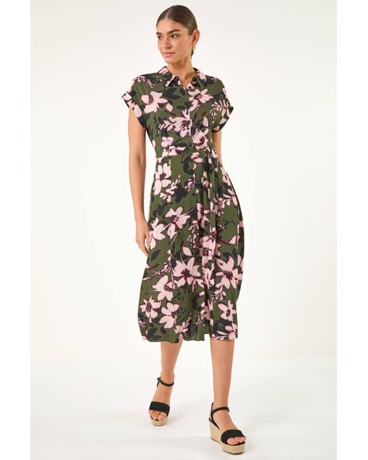 Roman White Floral Print Belted Midi Dress