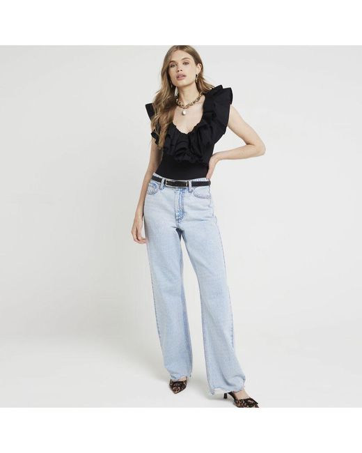 River Island Black Bodysuit Frill Detail Wrap