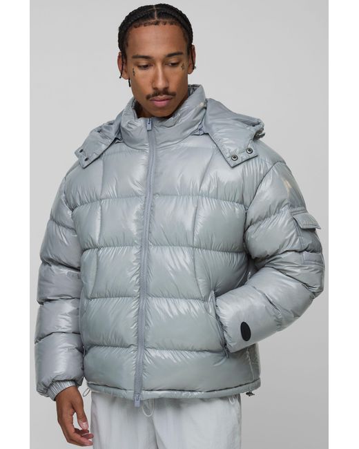 BoohooMAN Gray Regular Fit High Shine Quilted Hooded Puffer Jacket for men