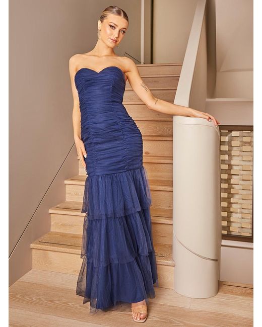 Chi Chi London Blue Bandeau Tulle Bodycon Maxi Dress