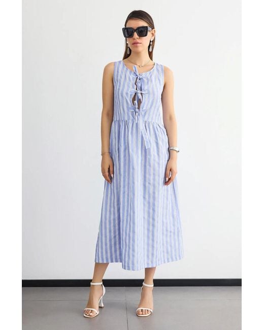 Hiccup White Striped Sleeveless Tie-Front Midi Dress