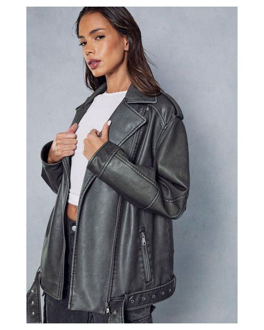 MissPap Gray Distressed Leather Look Midi Biker Jacket