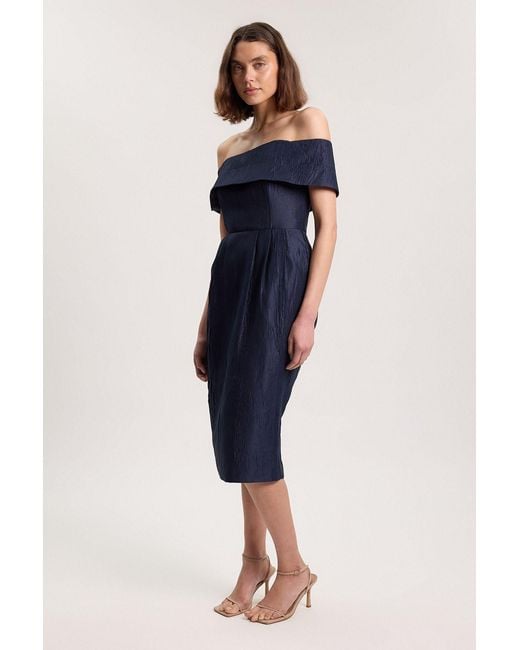 Karen Millen Blue Textured Tailored Twill Bandeau Midi Dress