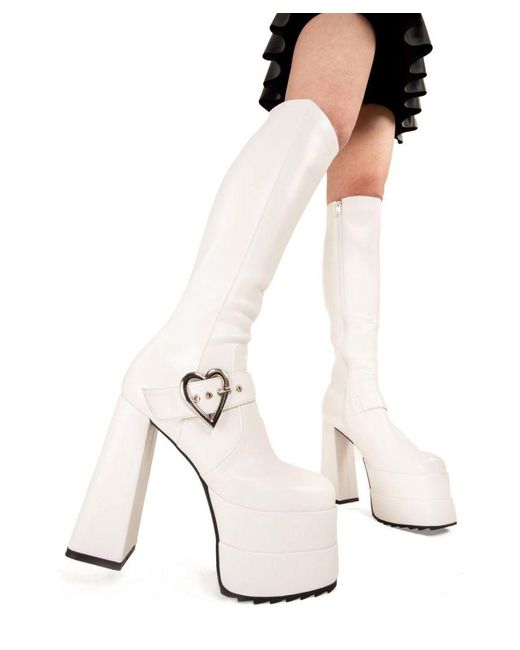 Lamoda White Knee High Boots Fixed Up Round Toe Platform Heel With Zip & Buckle