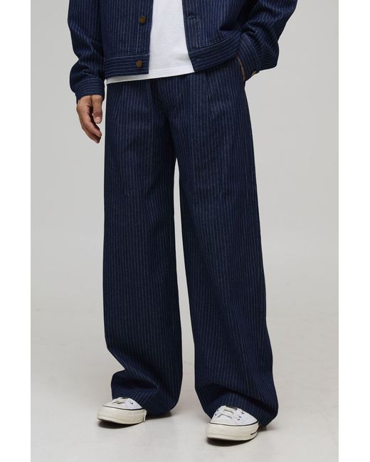 BoohooMAN Blue Baggy Fit Pinstripe Twill Trouser for men