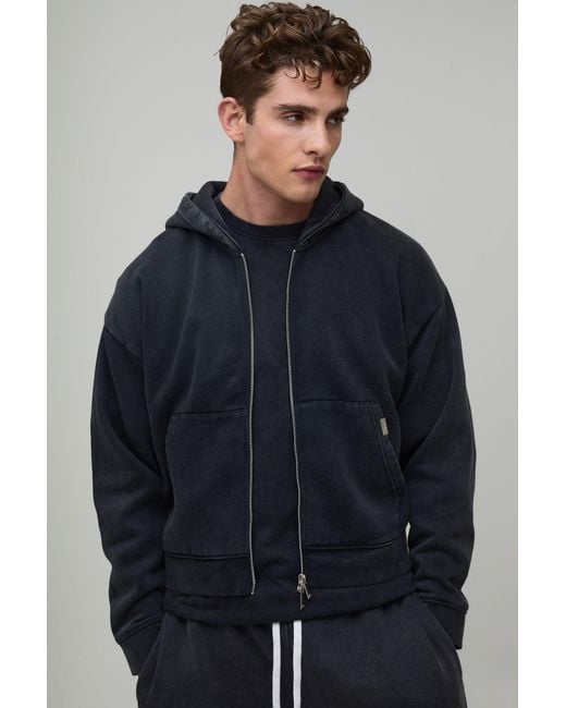 BoohooMAN Blue Essential Washed Shrunken Boxy Zip Through Hoodie for men