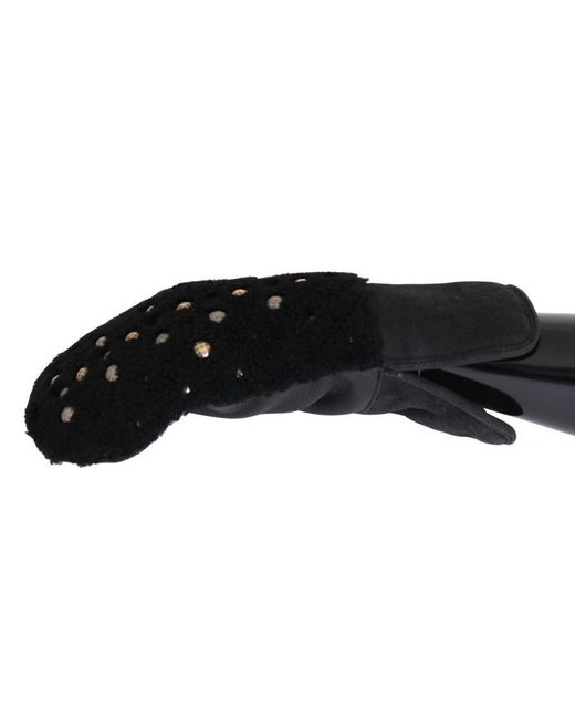Dolce & Gabbana Black Leather Shearling Studded Gloves for men