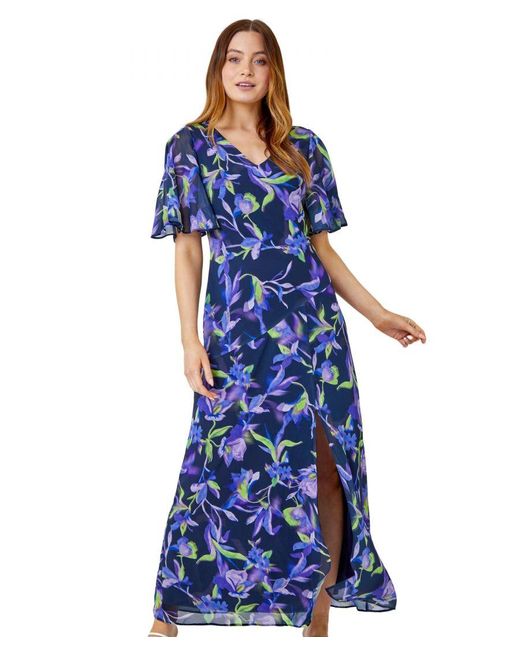 Roman Blue Floral Print Chiffon Maxi Dress