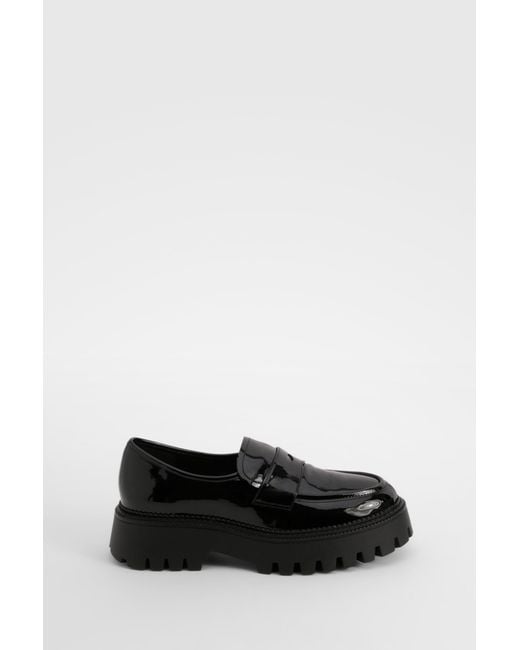 Boohoo Black Wide Fit Patent Chunky Sole Loafers