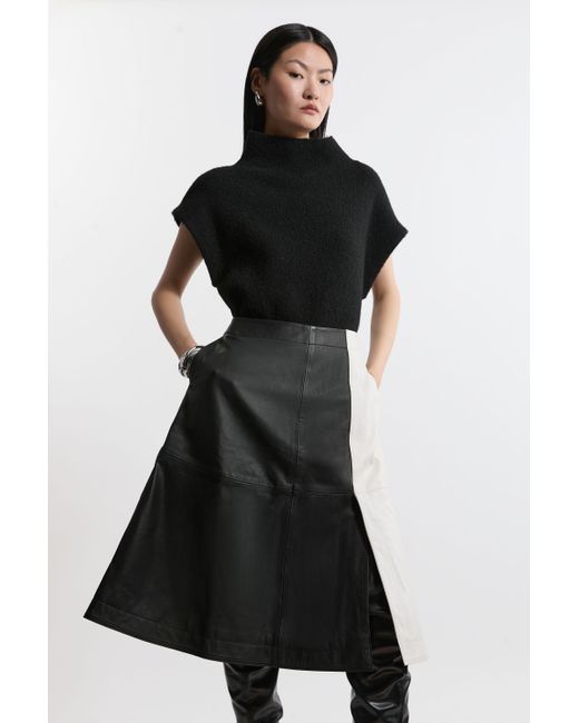 Karen Millen Black Leather Colourblock Midi A-Line Skirt