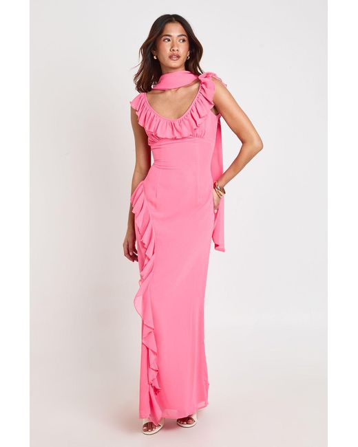 Boohoo Pink Ruffle Detail Maxi Dress With Scarf