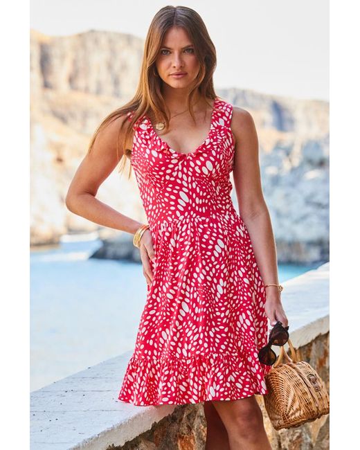 Sosandar Red Spot Print Ruffle Hem Fit & Flare Jersey Dress