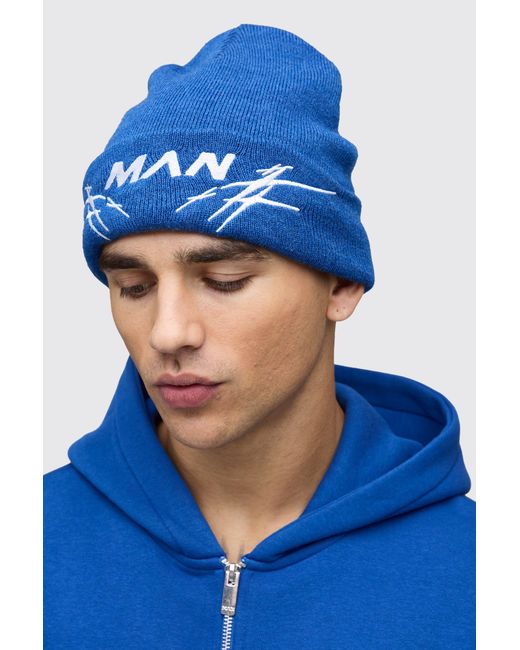 BoohooMAN Blue Ribbed Knitted Beanie for men