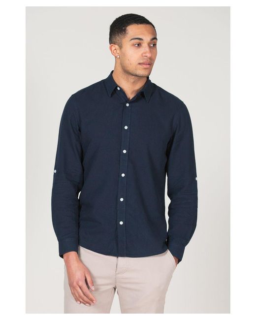 Tokyo Laundry Blue Navy Linen Blend Long Sleeve Button-up Shirt for men