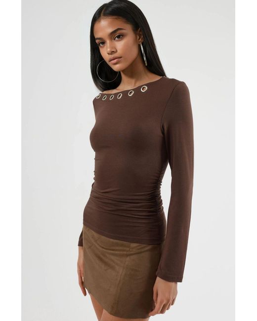 Busem Brown Accessory Detailed Boat Neck Long Sleeve Blouse