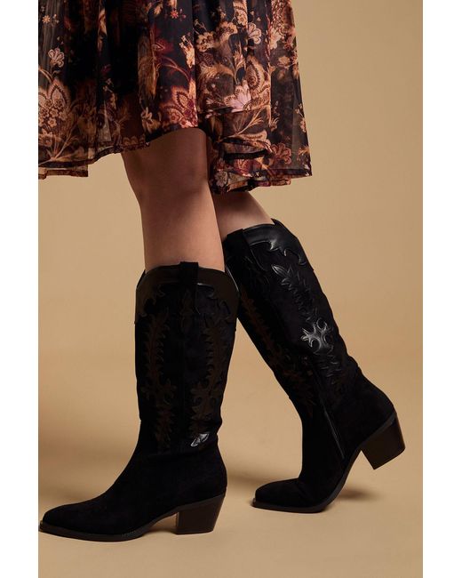 Oasis Black Jessie Faux Suede & Leather Western Cowboy Calf Boots